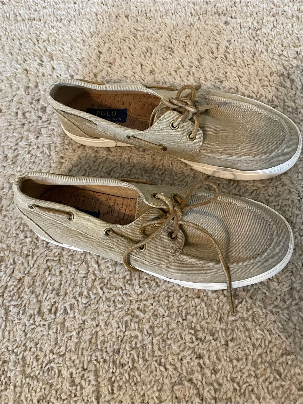 Polo by Ralph Lauren Men's Beige Canvas Boat Shoes with White Sole